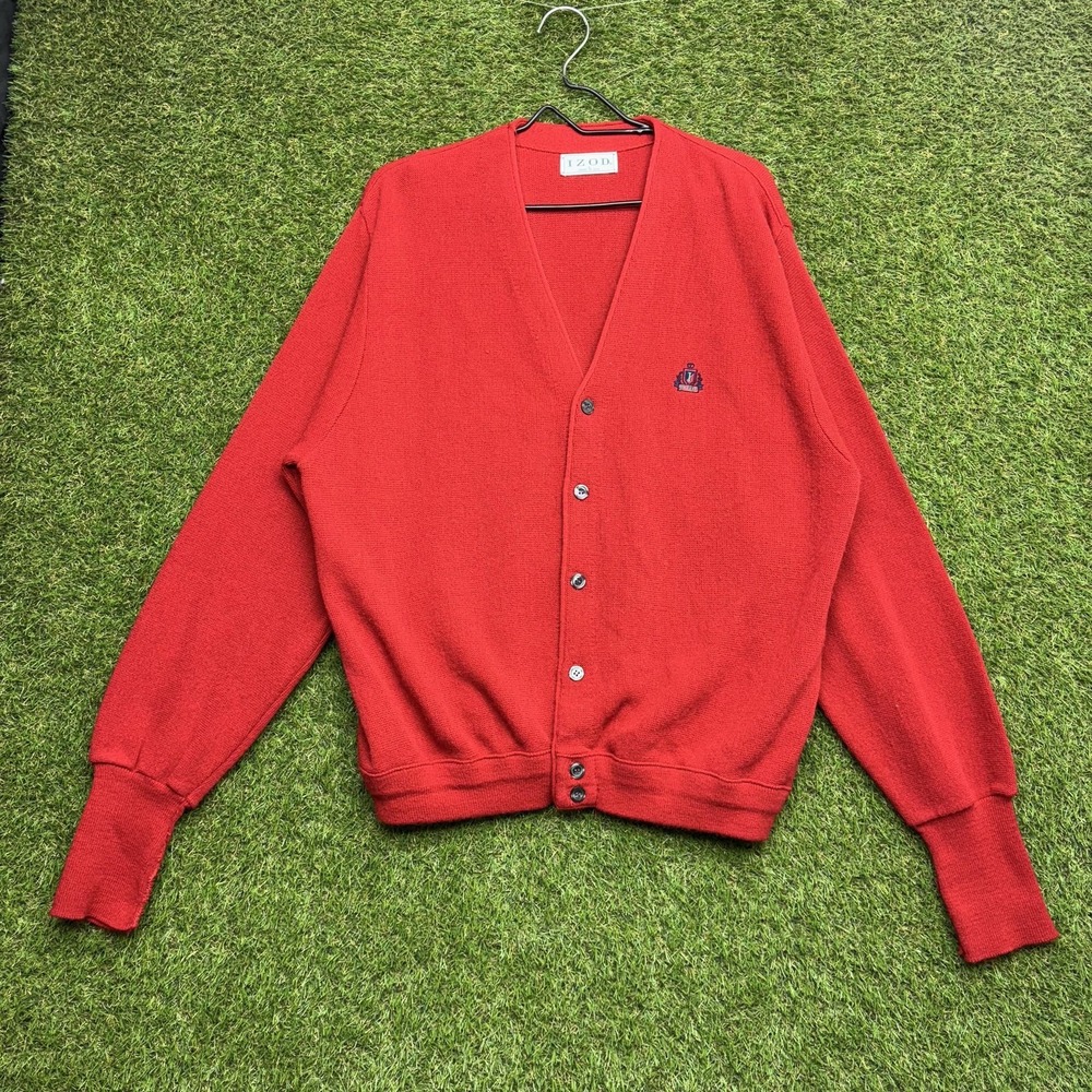 Vintage IZOD Cardigan Sweater Mens Large Red Knit Made USA Crest Logo Preppy